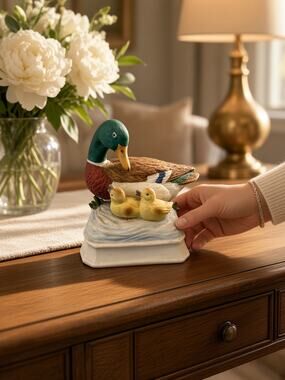 Vintage 1970s Gorham Mallard Duck Porcelain Music Box Figurine Cottagecore Gift
